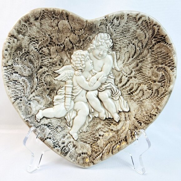 Italian Pottery Vintage Heart Plate Embossed Angel Cherubs *Your Choice* - Picture 6 of 9